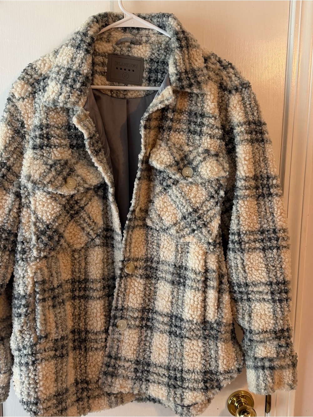 BlankNYC Plaid Teddy Sherpa Shacket Cream Gray Faux Shearling Jacket Women's M